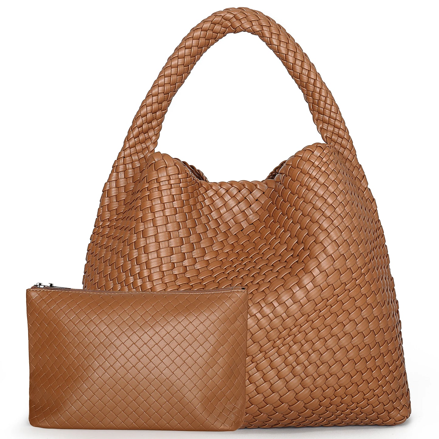 Woven Leather Tote – Large Shoulder Bag with Pouch