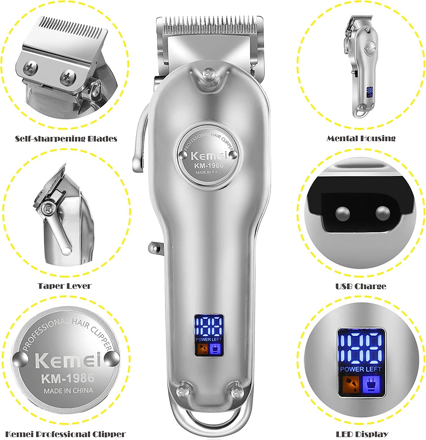 Kemei Mens hair clipper-KM 1986 silver wireless