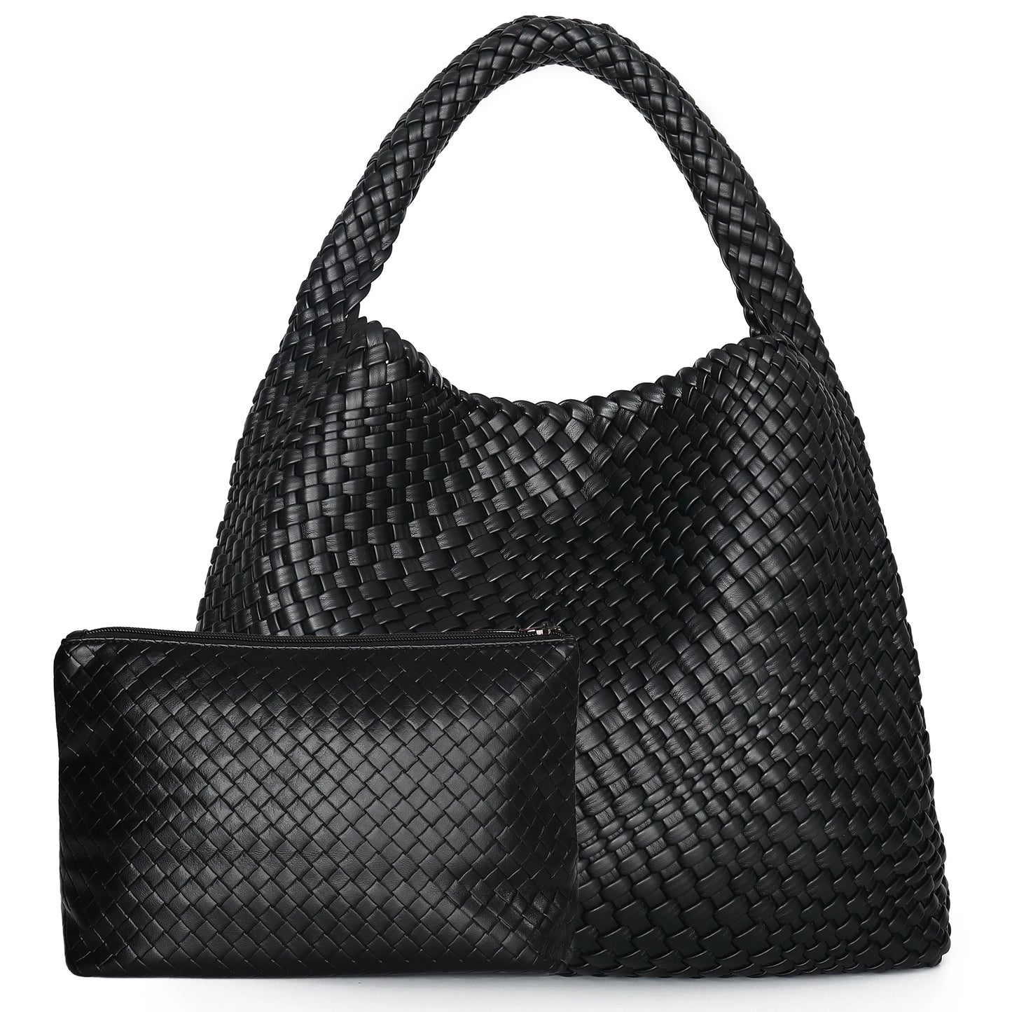 Woven Leather Tote – Large Shoulder Bag with Pouch