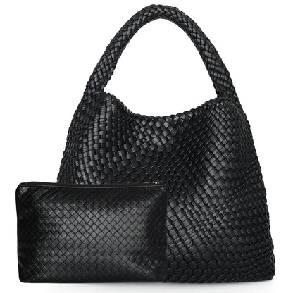 Woven Leather Tote – Large Shoulder Bag with Pouch