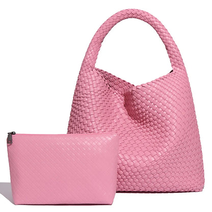 Woven Leather Tote – Large Shoulder Bag with Pouch