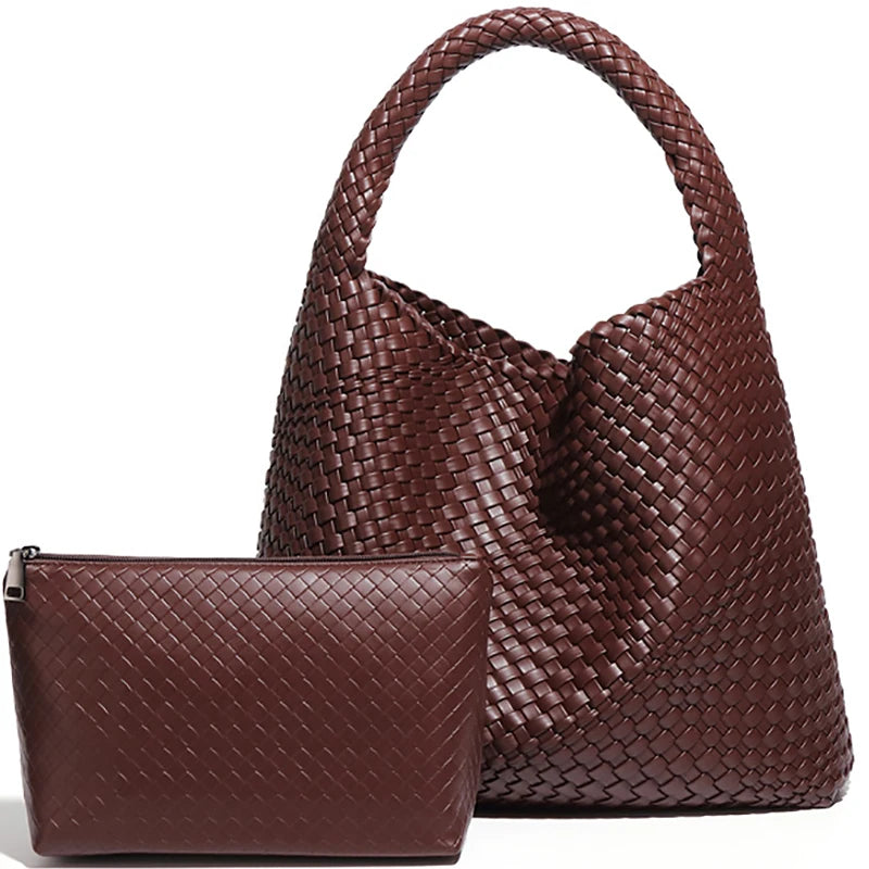 Woven Leather Tote – Large Shoulder Bag with Pouch