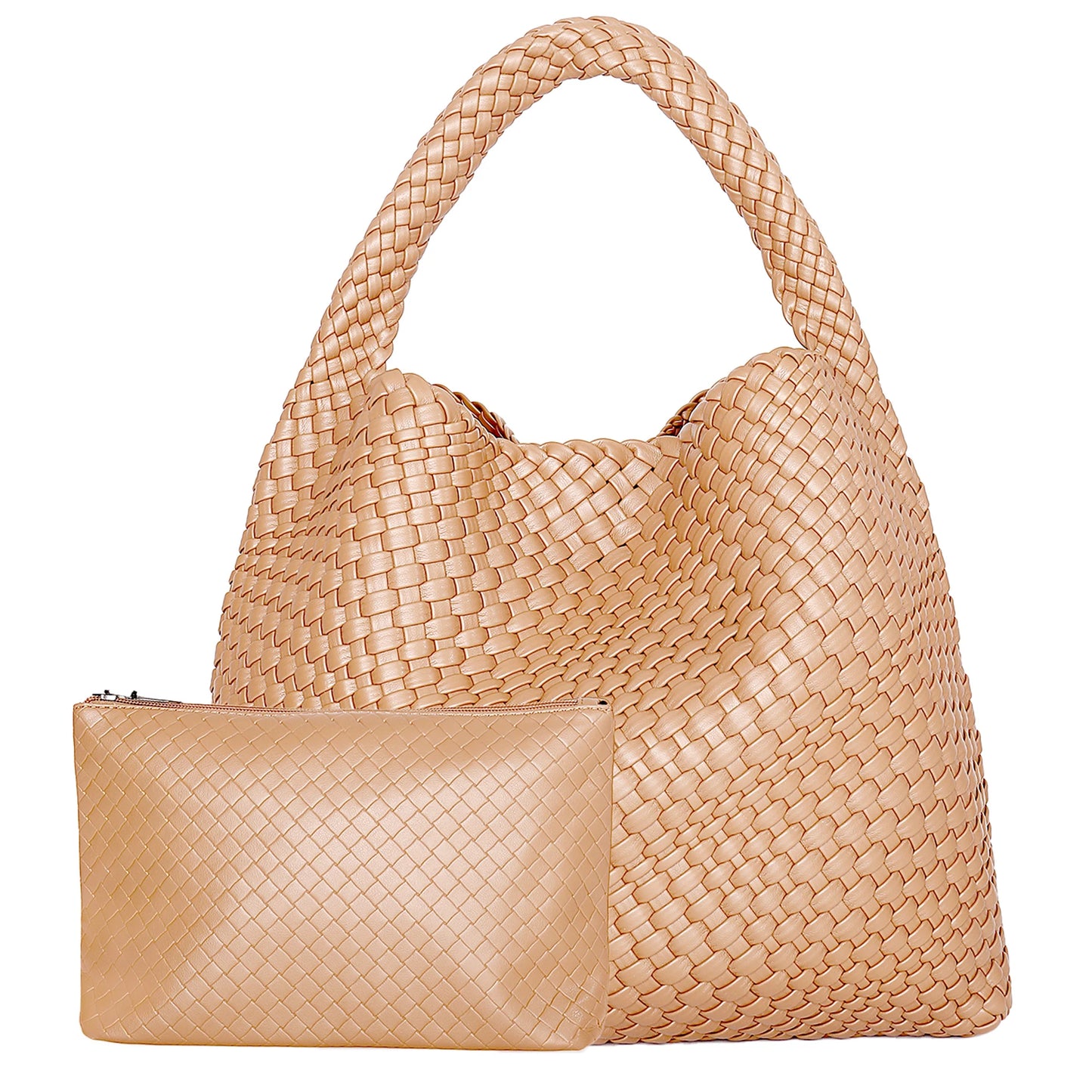 Woven Leather Tote – Large Shoulder Bag with Pouch