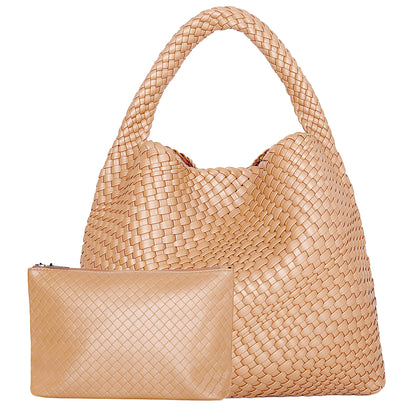 Woven Leather Tote – Large Shoulder Bag with Pouch