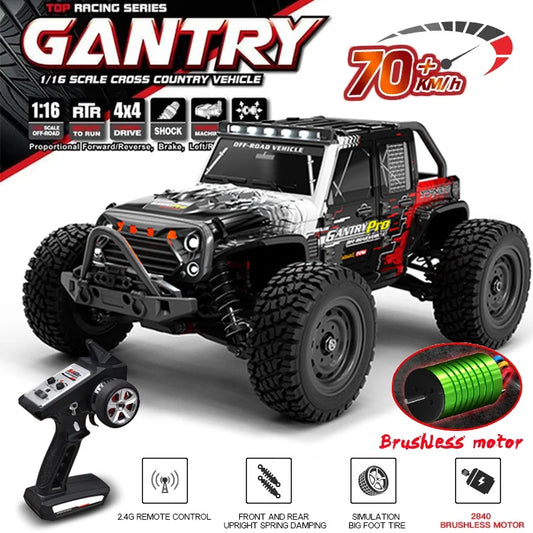 16103PRO 1:16 Brushless 4WD RC Car – 70KM/H High Speed Off Road Rock Crawler with LED Lights