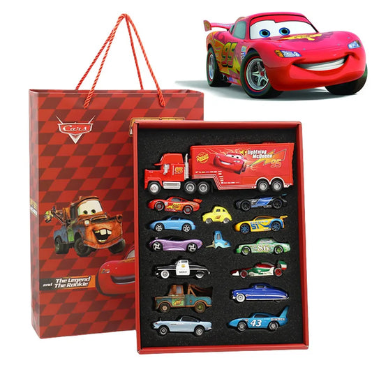8/13/15Pcs Piece Cartoon Racing Car Diecast Set – Metal Collectible Toy Cars Gift Box for Kids