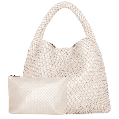 Woven Leather Tote – Large Shoulder Bag with Pouch
