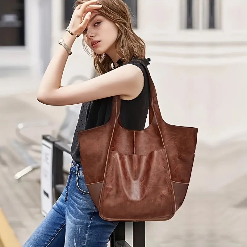 Retro PU Leather Tote – Large Shoulder Bag