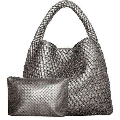 Woven Leather Tote – Large Shoulder Bag with Pouch