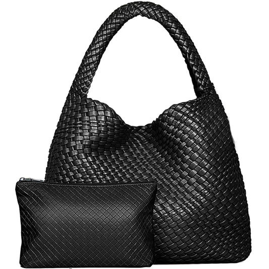 Woven Leather Tote – Large Shoulder Bag with Pouch