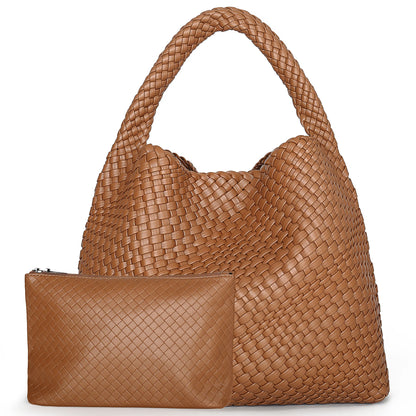 Woven Leather Tote – Large Shoulder Bag with Pouch