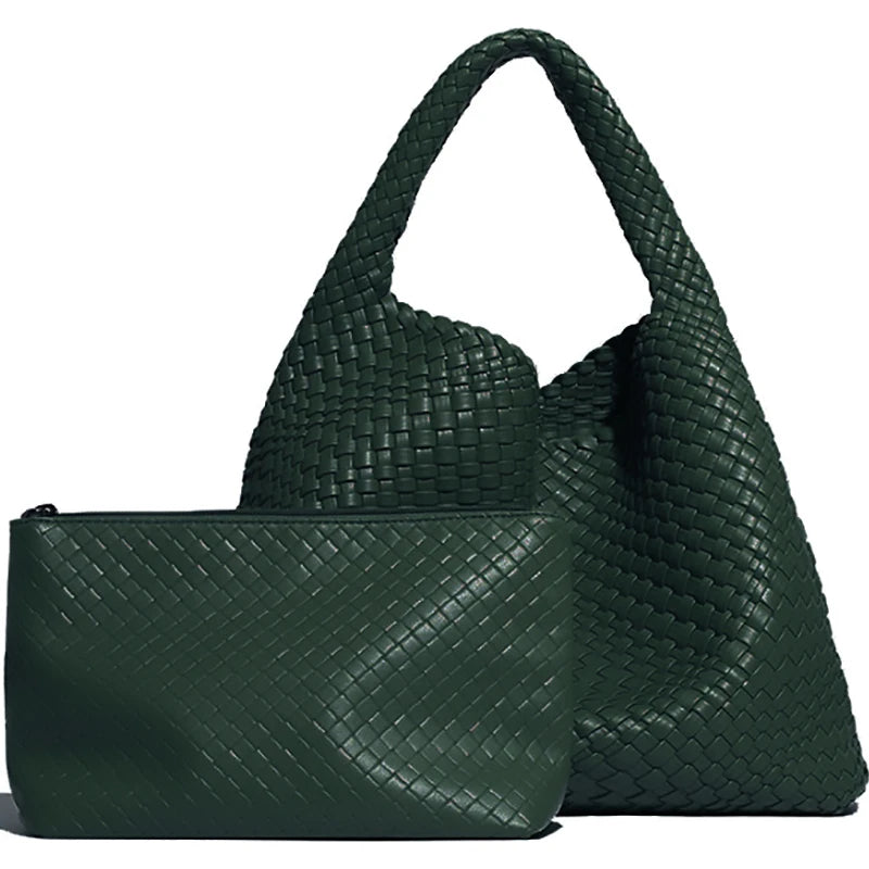 Woven Leather Tote – Large Shoulder Bag with Pouch