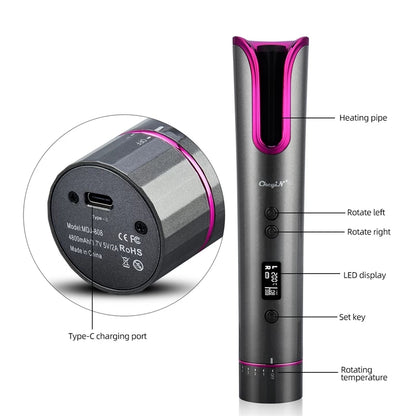 Portable Automatic Hair Curler Ceramic Wireless Curling Irons Auto Hair Waver Tongs LED Display Hair Styling Curling Tools 4546 (OZK KINFO HC 1303)