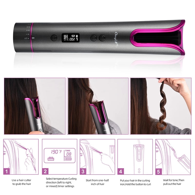 Portable Automatic Hair Curler Ceramic Wireless Curling Irons Auto Hair Waver Tongs LED Display Hair Styling Curling Tools 4546 (OZK KINFO HC 1303)