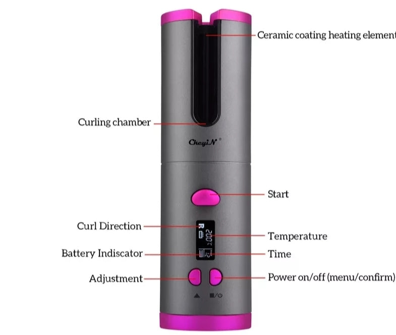 Automatic Hair Curler USB Cordless Hair Curling Iron Ceramic Professional LCD Hair Curl Iron Rotating Curlers Wand Waver Hair (OZK HS/C KINFO 1302)