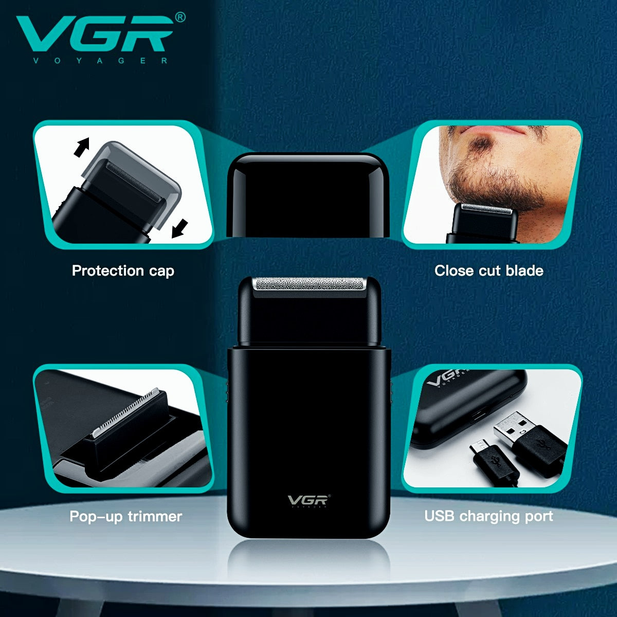 VGR Electric Shaver and Beard Trimmer 2 Blade USB Charge for Men V-390