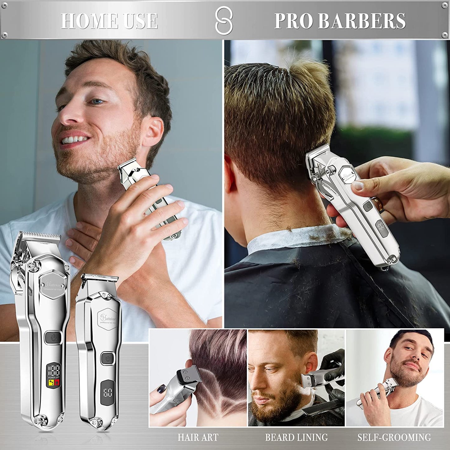 Hatteker 2 pc metal silver Professional adjustable hair clipper LCD hair trimmer for men