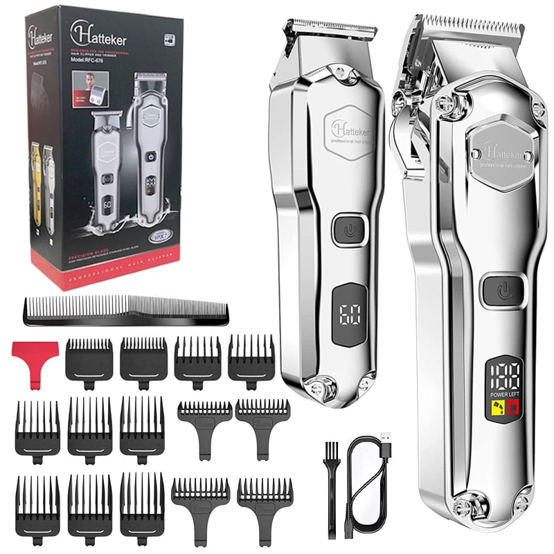 Hatteker 2 pc metal silver Professional adjustable hair clipper LCD hair trimmer for men