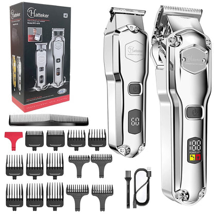 Hatteker 2 pc metal silver Professional adjustable hair clipper LCD hair trimmer for men