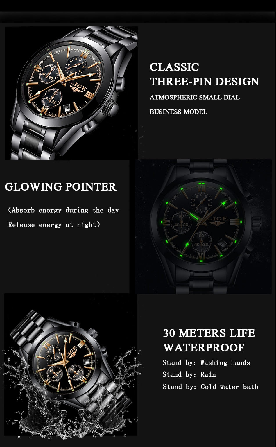 LIGE Mens Watches Quartz black