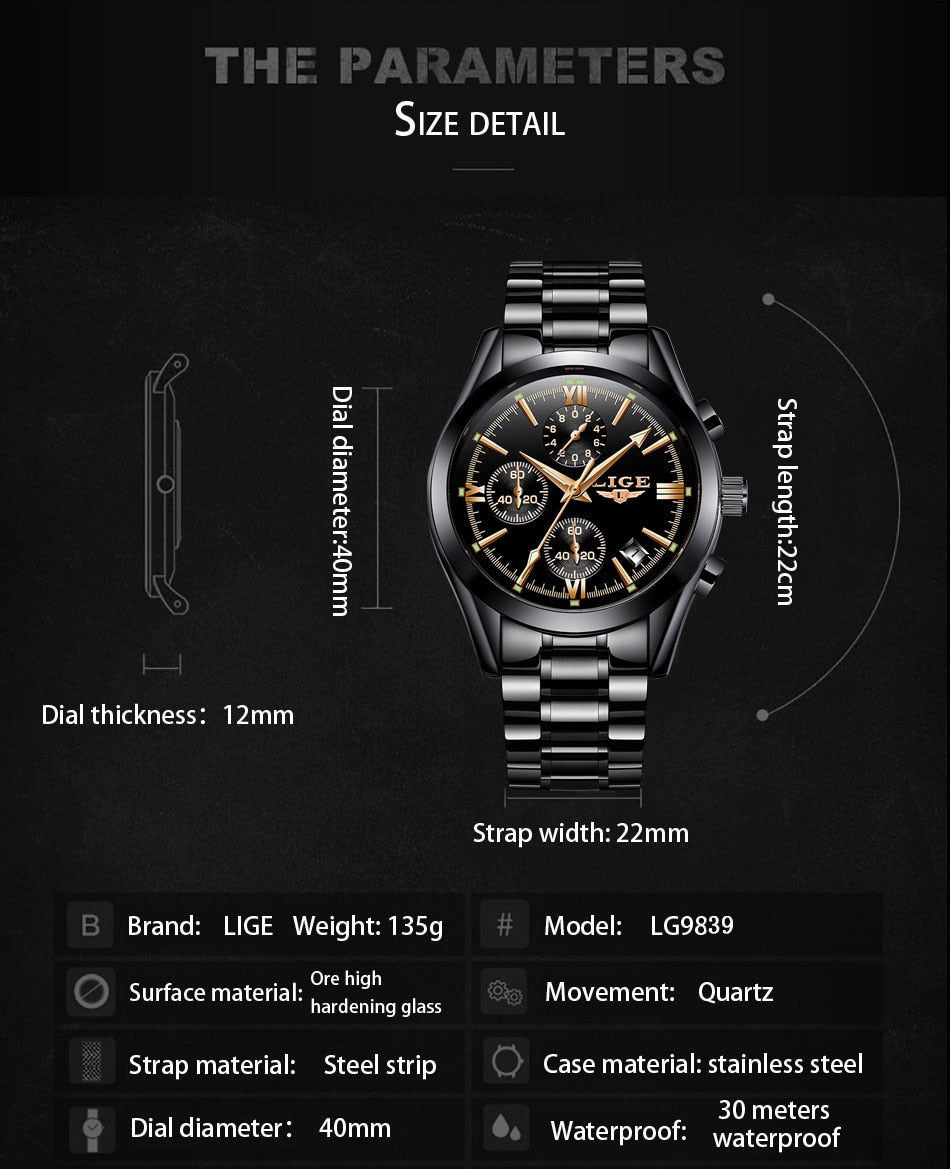 LIGE Mens Watches Quartz black