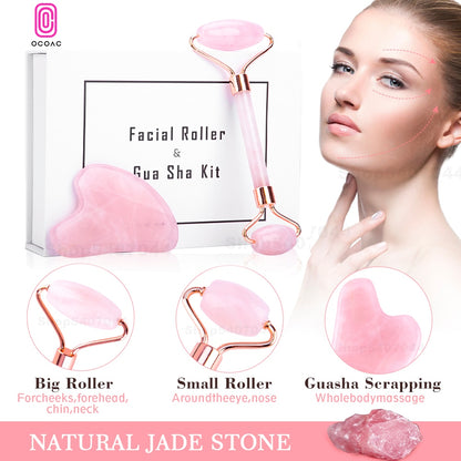 Boxed Quartz Jade Roller Massager Pink For Face Body Anti-aging Natural Stone Guasha Scraper Set Beauty Facial Lifting Tool