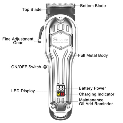 Surker All Metal Hair Clippers Men Cordless Professional Hair Trimmer Maquina Cortar Pelo Haircut LCD Display Hairdresser