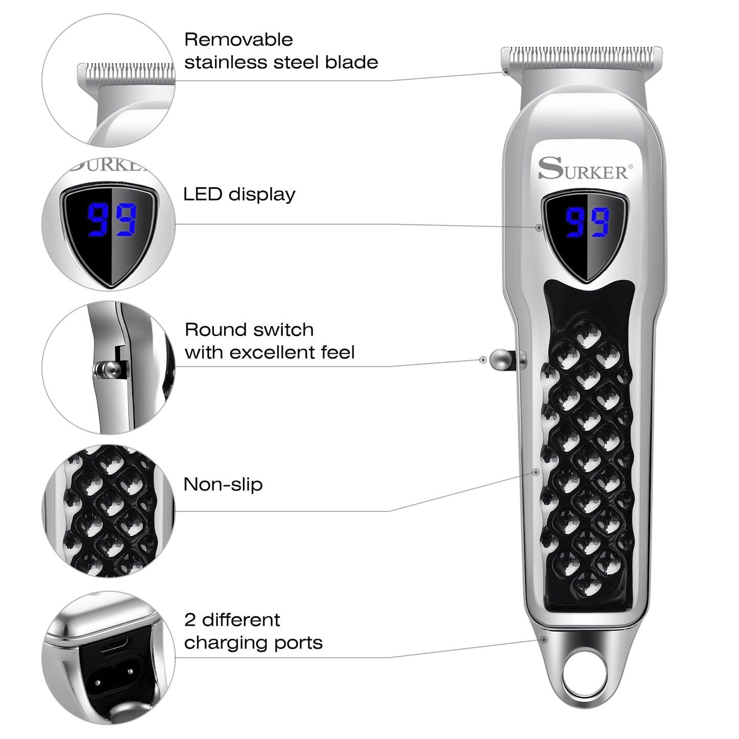 Surker All Metal Hair Clippers Men Cordless Professional Hair Trimmer Maquina Cortar Pelo Haircut LCD Display Hairdresser