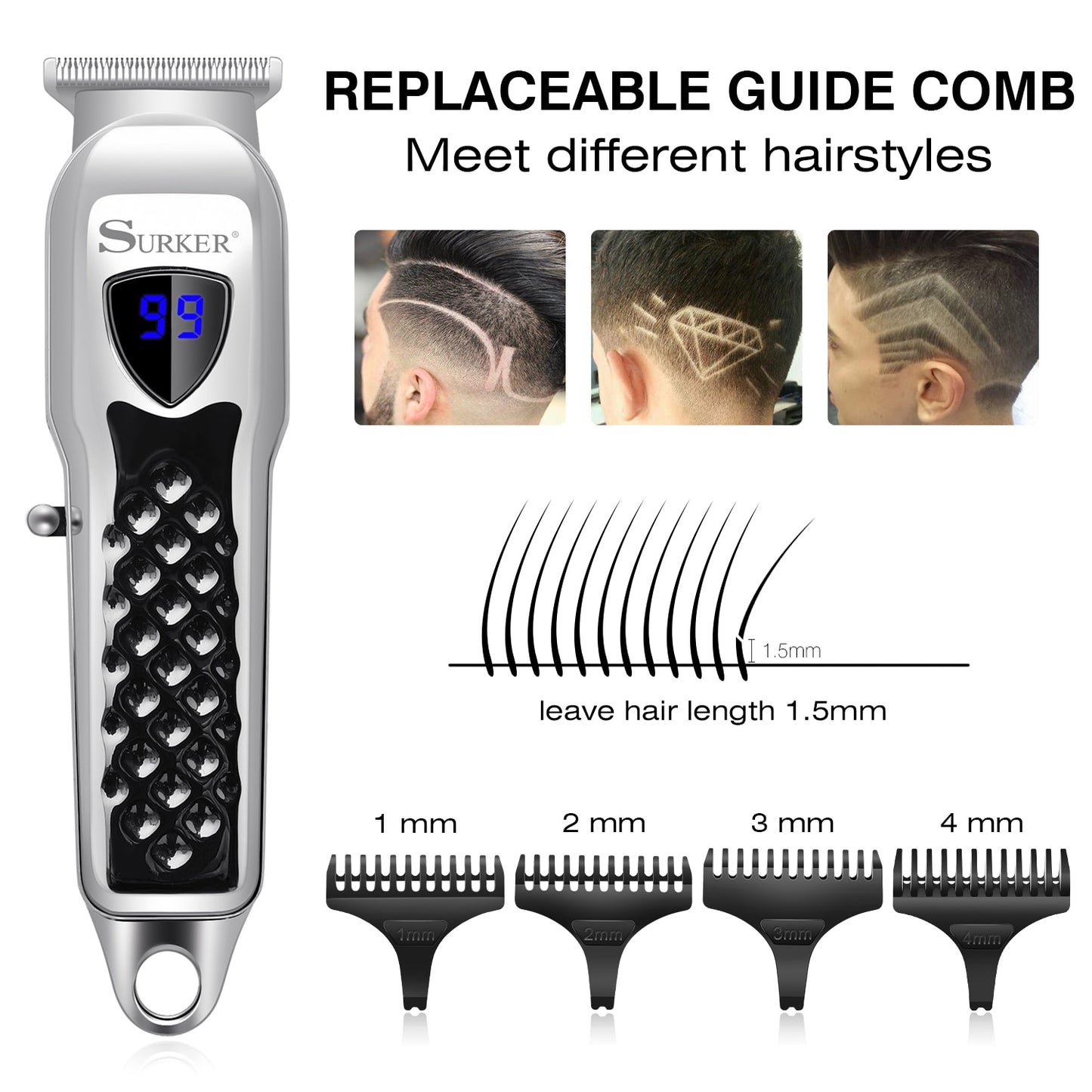 Surker All Metal Hair Clippers Men Cordless Professional Hair Trimmer Maquina Cortar Pelo Haircut LCD Display Hairdresser